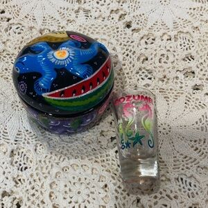 Souvenirs from Mexico. Clay / terracotta painted container with lid & shot glass